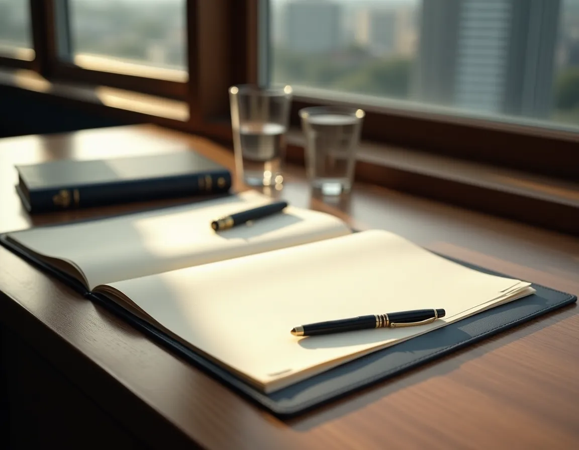 Editorial illustration of documents and a pen beside a window.