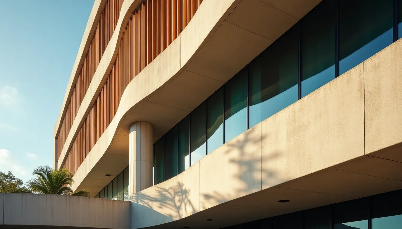 Illustrative contemporary Brazilian architecture with concrete curves and glass.